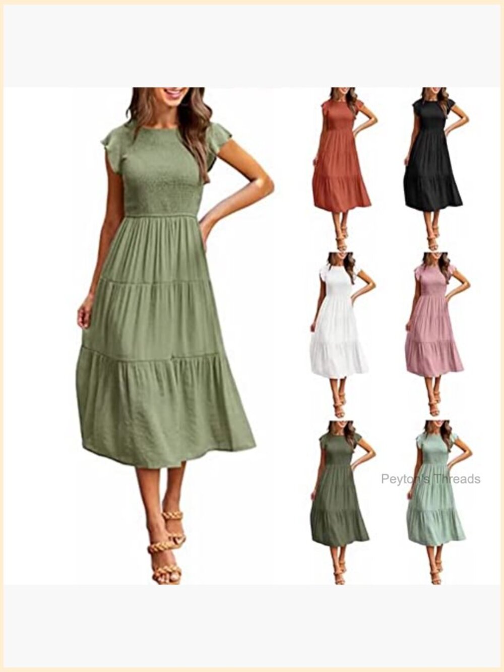 Flutter Short Sleeve Cross Smocked Midi Swing Beach Sundress - Picture 3 of 7